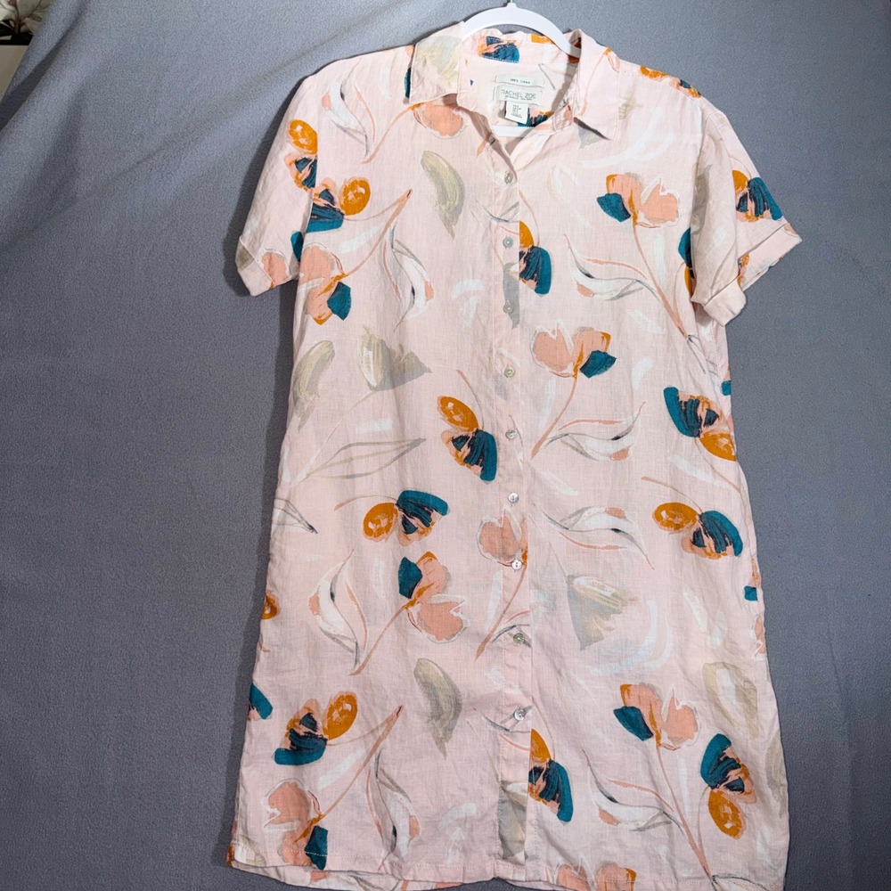 Rachel Zoe Small‎ Pink Floral Linen Dress Cottagecore Coastal Grandma Summer